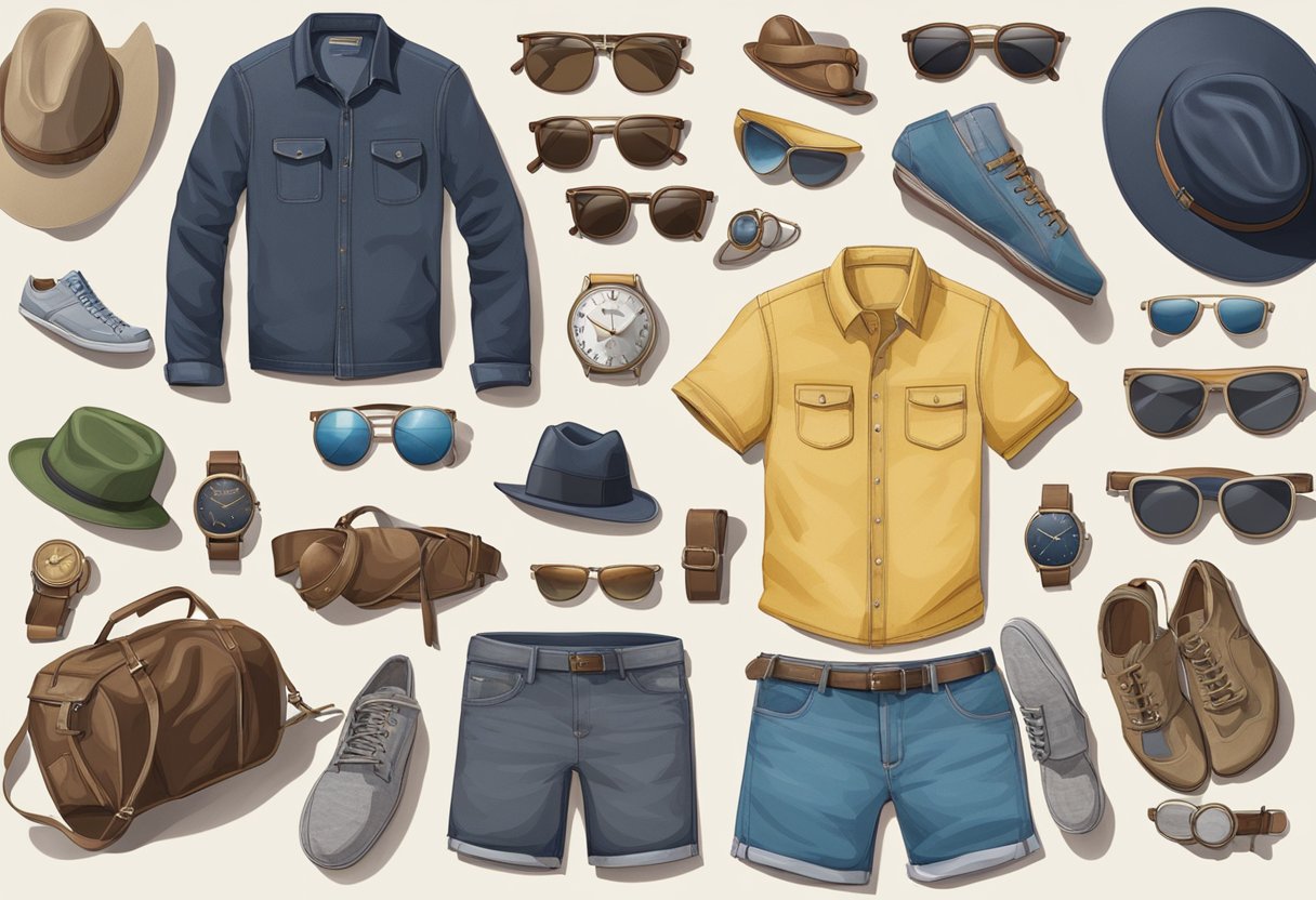 A table with various styles of men's shorts laid out, surrounded by accessories like belts, hats, and sunglasses