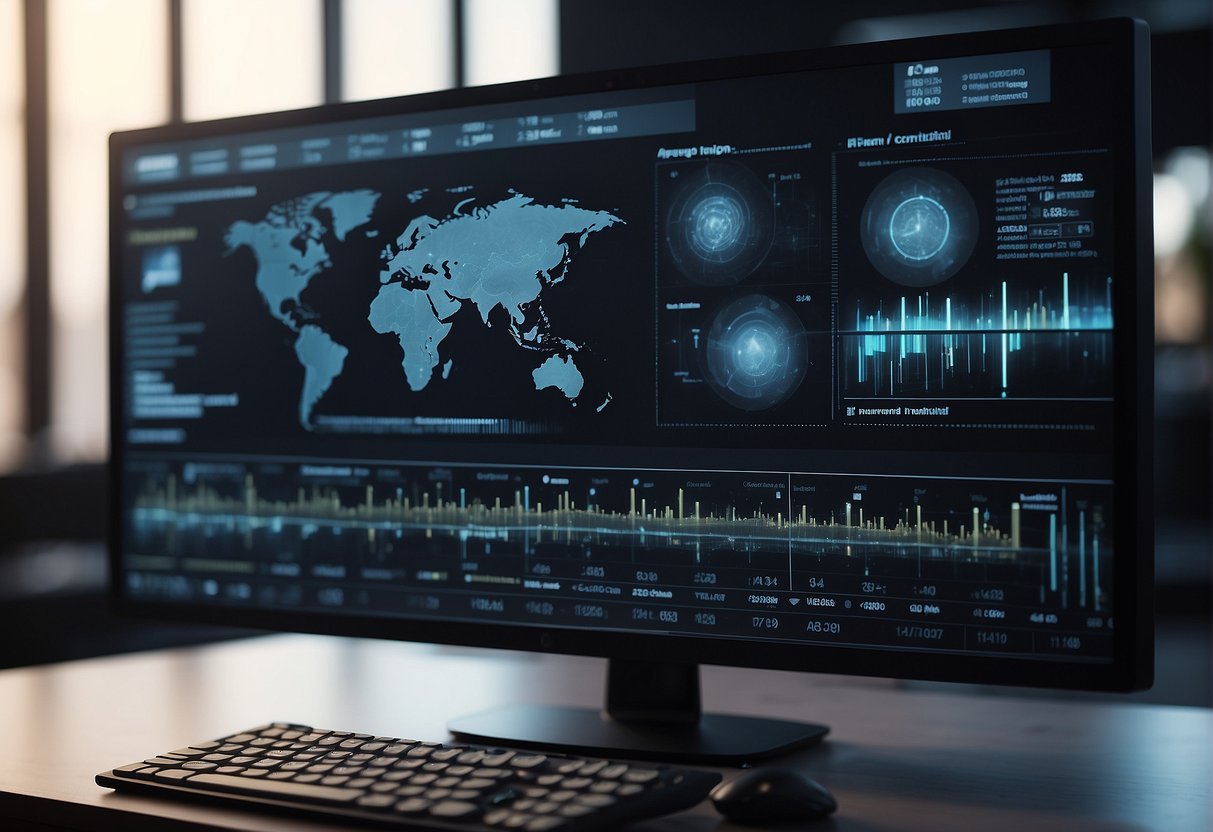 A computer screen displaying a video timeline with AI algorithms processing and summarizing video content