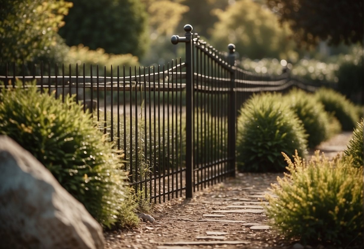 A fence surrounds the landscaped area, with a gate that can be securely closed. Spiky plants and rocks are strategically placed to deter dogs from entering