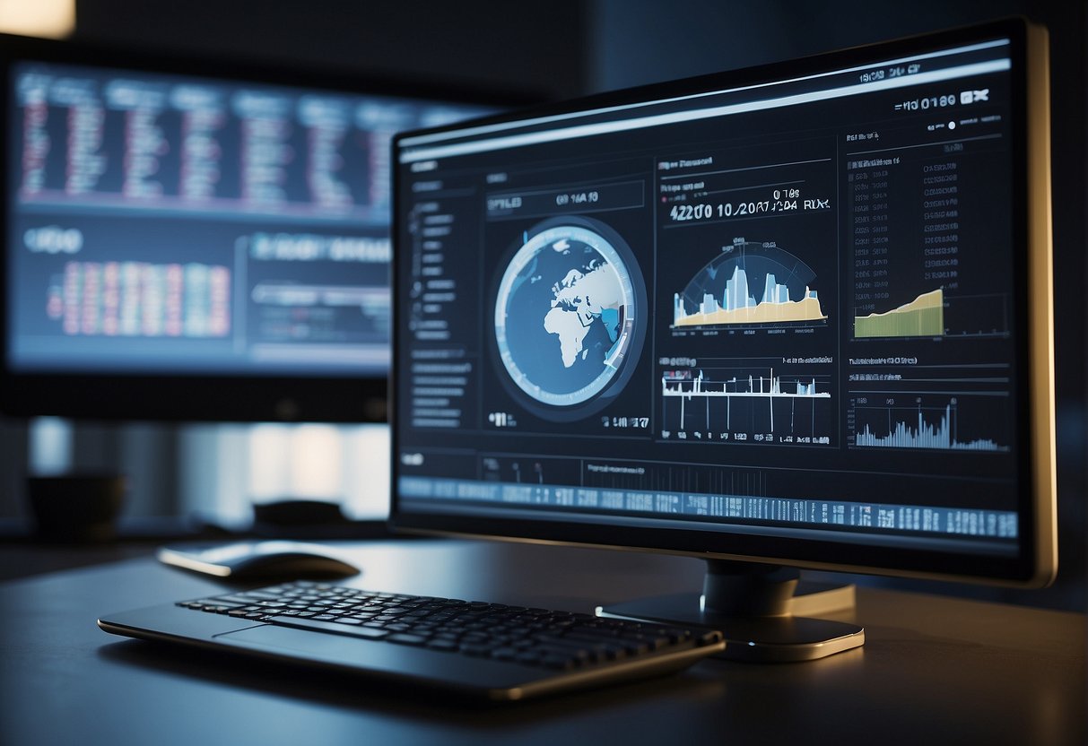 AI video summarizer in use: A computer screen displays a video being processed, while data graphs and charts show the summarization progress