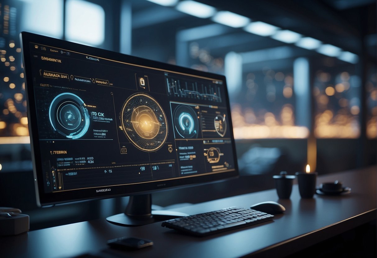 A futuristic AI system processes and condenses video content, displaying data visualizations and graphs to illustrate the summarization process