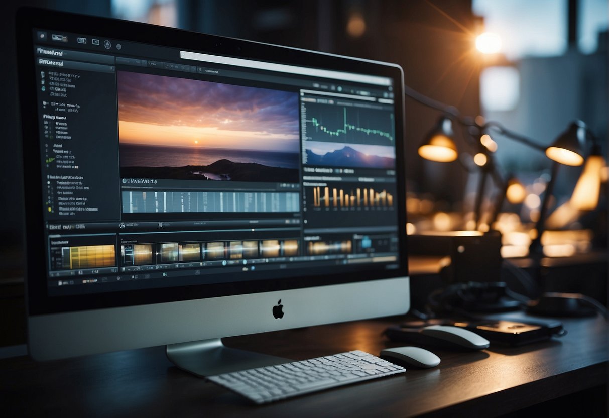 A computer screen showing AI video editing software with various tools and timelines open