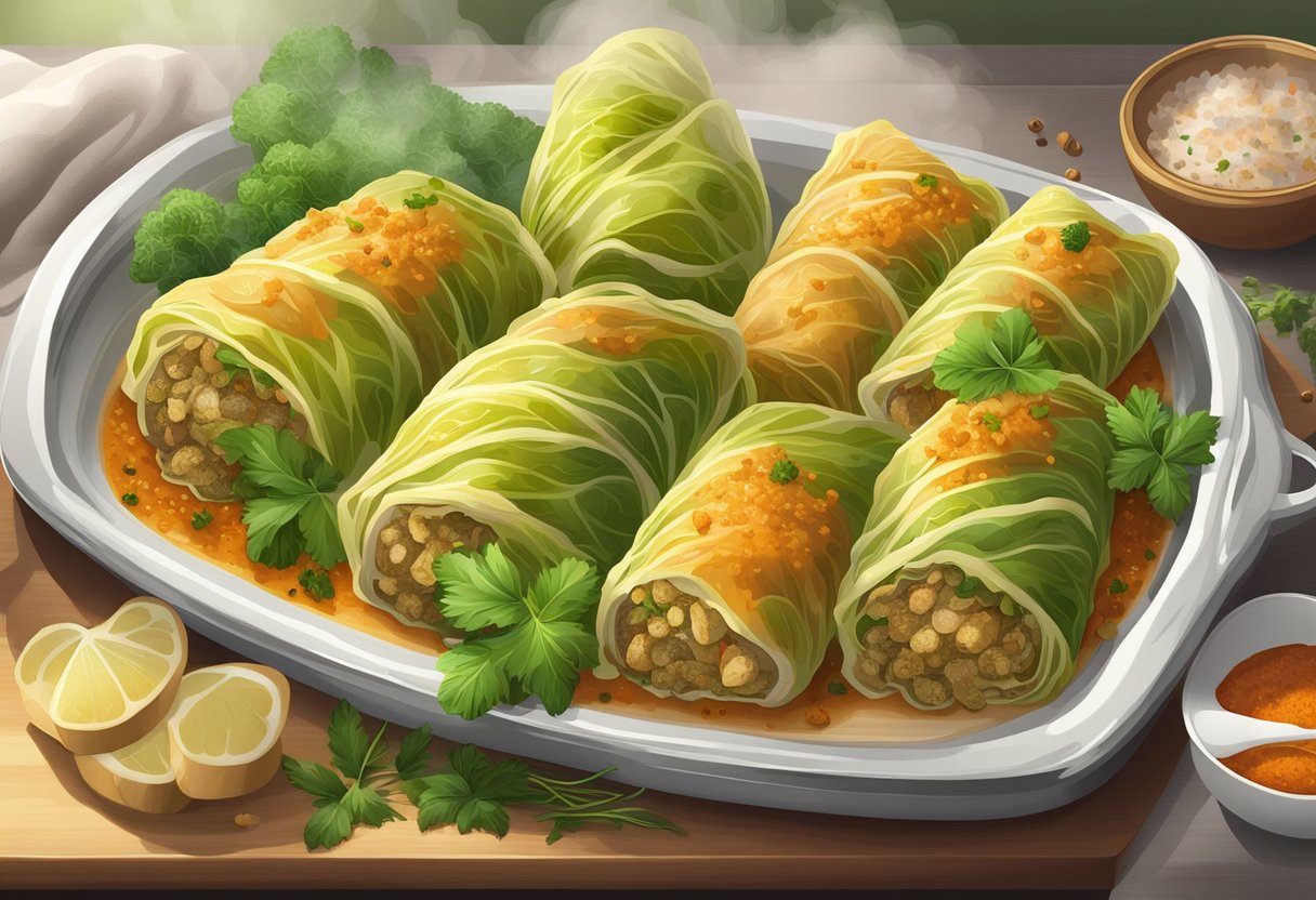 A platter of stuffed cabbage rolls surrounded by vibrant herbs and spices, with steam rising from the freshly cooked rolls