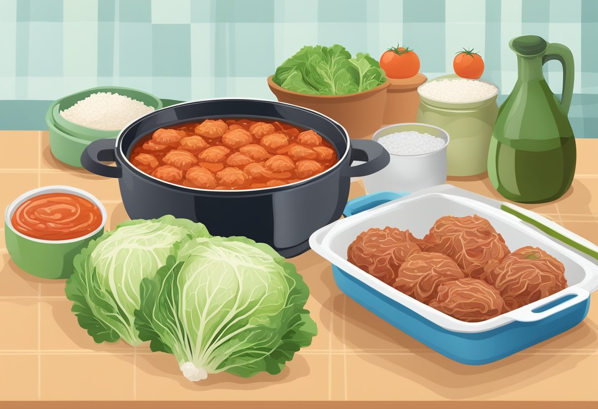 A table set with ingredients: cabbage leaves, ground meat, rice, and tomato sauce. A pot of boiling water and a tray of stuffed cabbage rolls ready for cooking