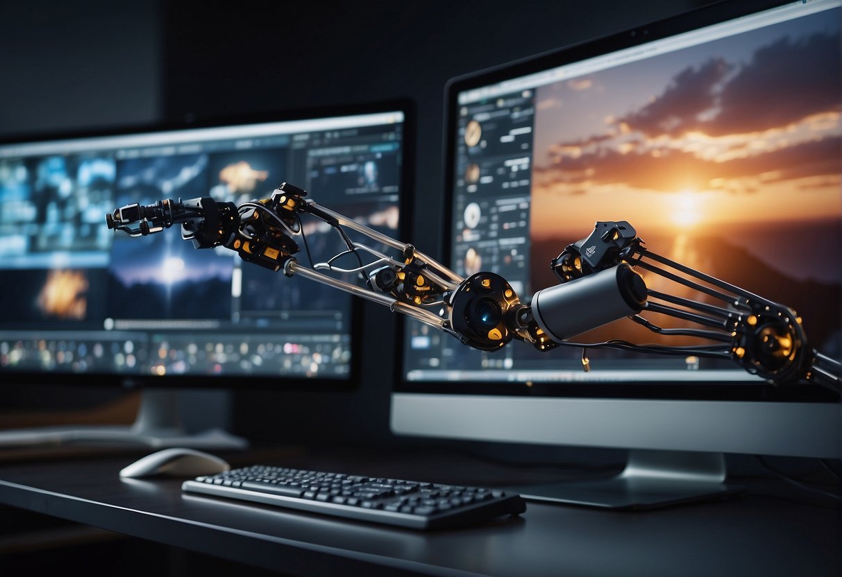 A computer screen displays a video editing software with various tools and a timeline. A robotic arm hovers over the screen, connecting different elements of the workflow