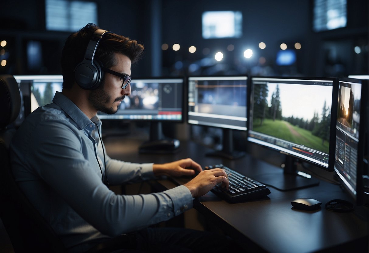 A professional editor uses AI software to enhance video quality, while an amateur editor struggles with basic editing tools