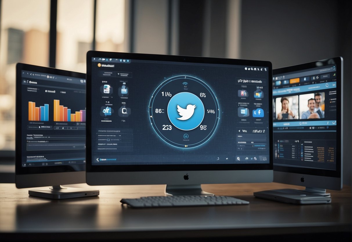 A computer screen displaying social media platforms with engagement metrics. AI software editing a video for audience appeal