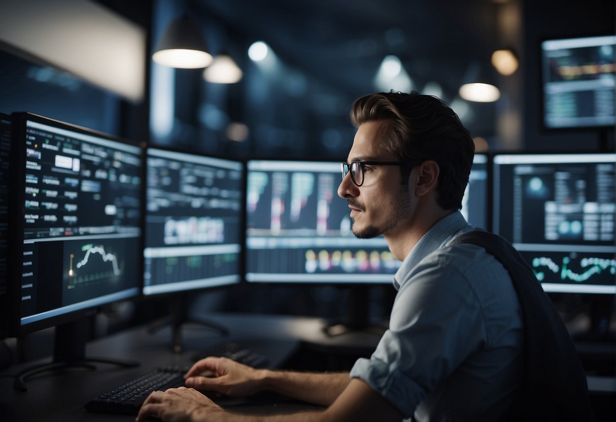 A video editor faces multiple screens, adjusting settings and timelines. AI algorithms analyze and suggest edits, while the editor considers pacing and visual flow