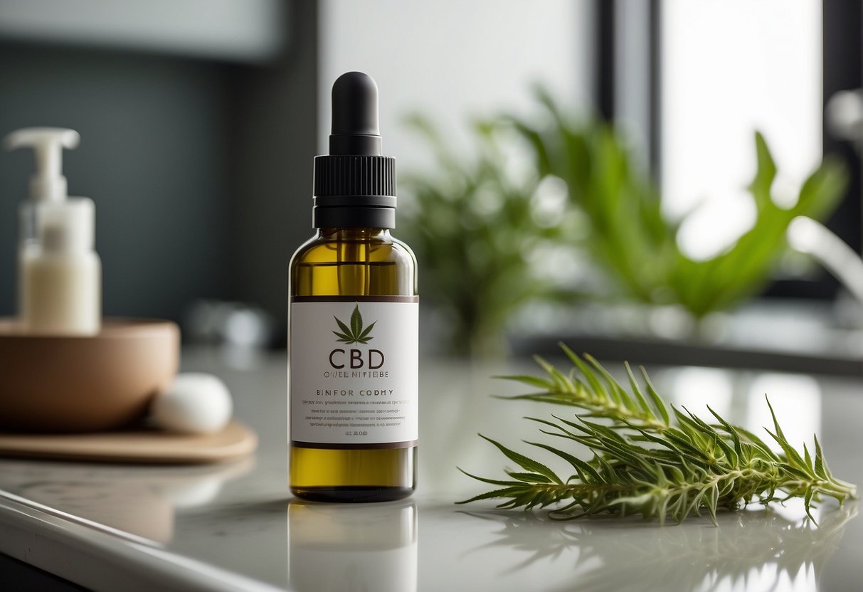 A bottle of CBD-infused skincare product sits on a clean, minimalist countertop. Soft, natural light illuminates the label, highlighting the benefits of CBD for skincare