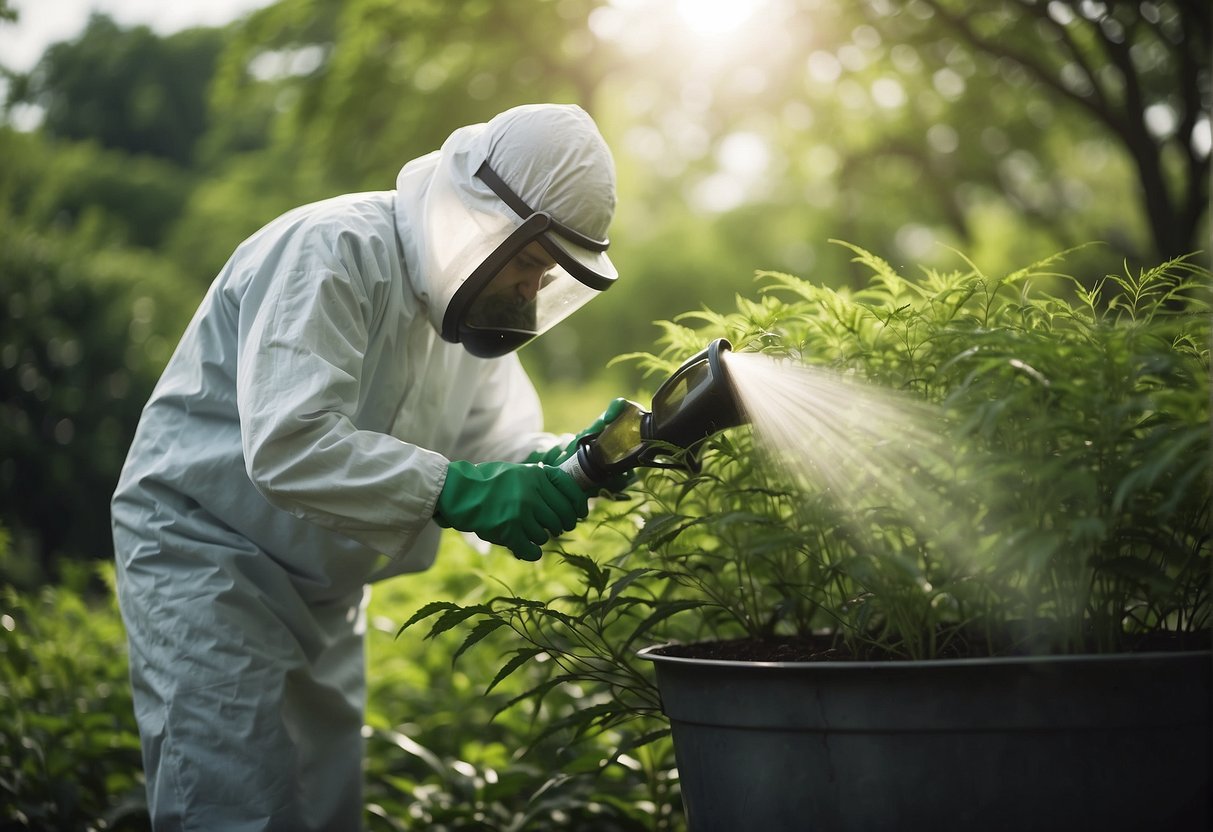 Spraying organic neem oil on infested plants