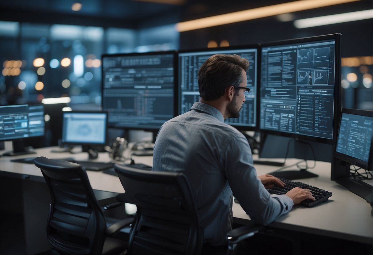 An AI fact checker scanning and analyzing data on a computer screen, surrounded by various sources of information and digital interfaces