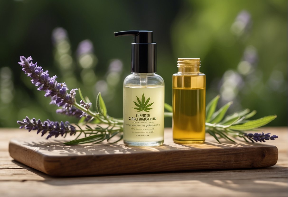 A serene, natural setting with a clear blue sky and lush greenery. A bottle of CBD skincare product sits on a wooden surface, surrounded by fresh botanical ingredients like lavender and chamomile