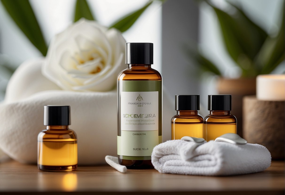 A serene spa setting with CBD skincare products displayed, accompanied by safety and regulation labels