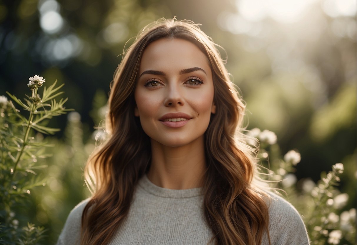 A woman's glowing skin after using CBD skincare, surrounded by natural elements like plants and flowers, with a radiant and healthy complexion
