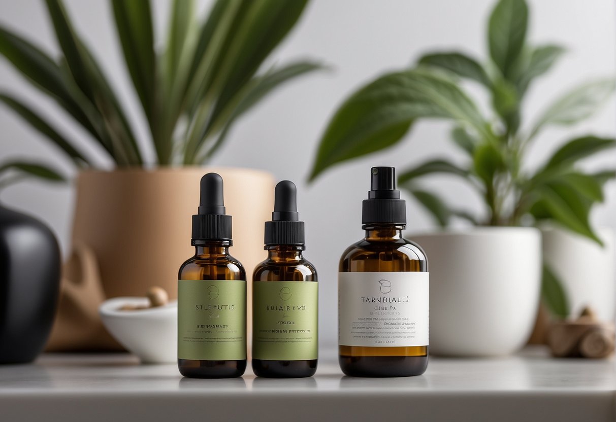 CBD skincare products displayed on a clean, modern shelf with natural elements and greenery in the background, symbolizing the future of wellness and sustainability