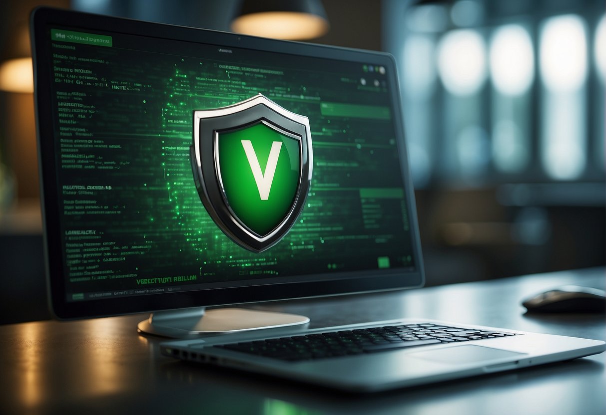 A computer screen displaying a green checkmark next to a verified article, with a shield icon symbolizing trust and integrity