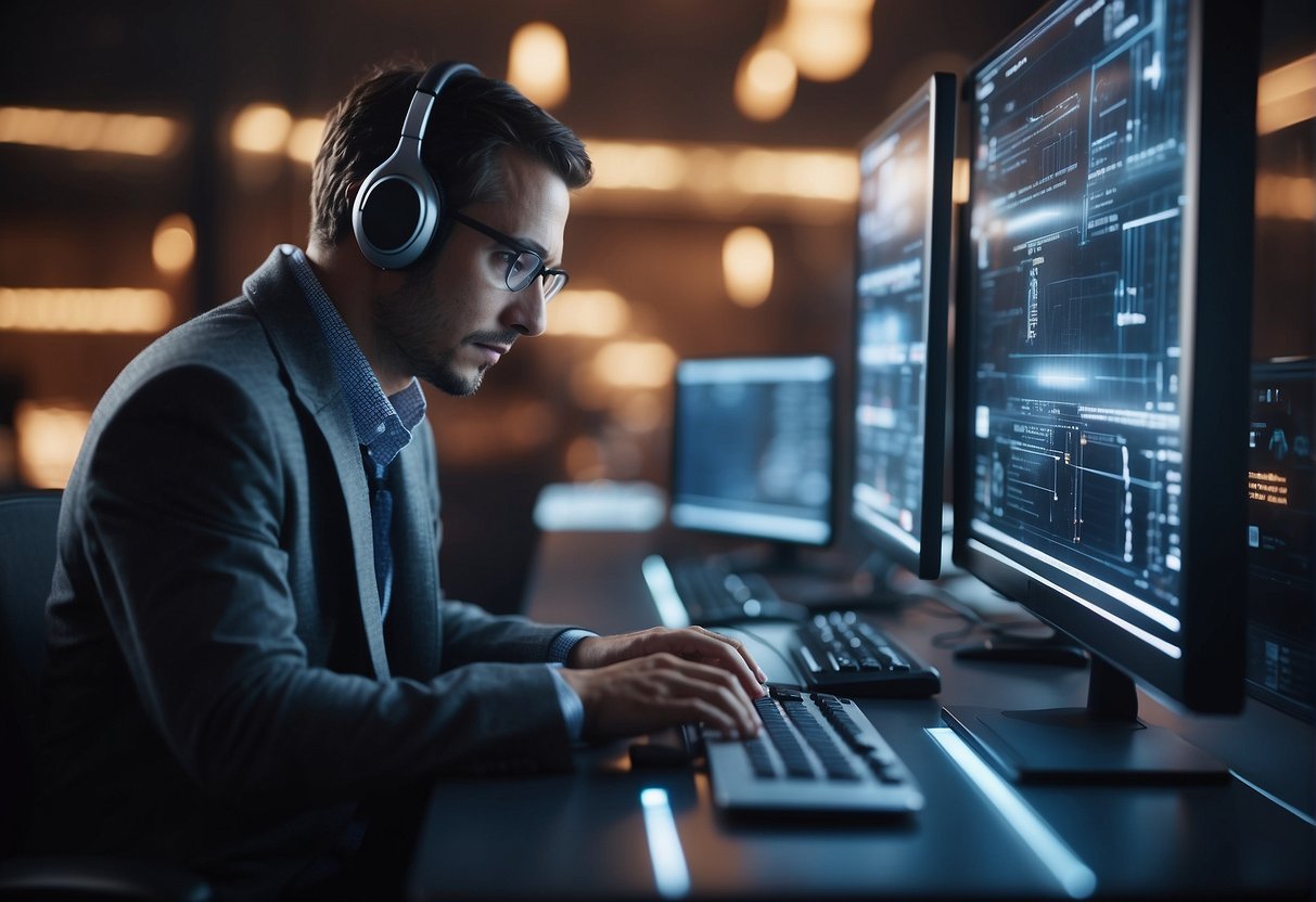 An AI search engine scanning and analyzing data with glowing circuits and digital interfaces