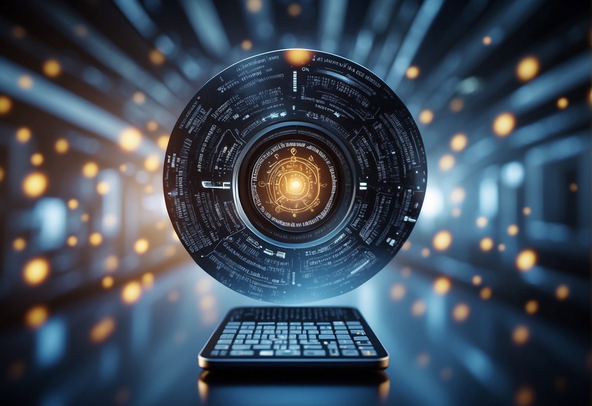 An AI search engine scanning through data, surrounded by privacy symbols