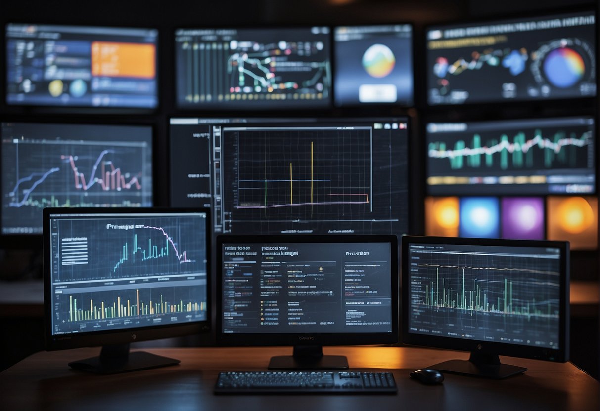 A computer monitor displaying various AI search engines with data visualization charts and graphs