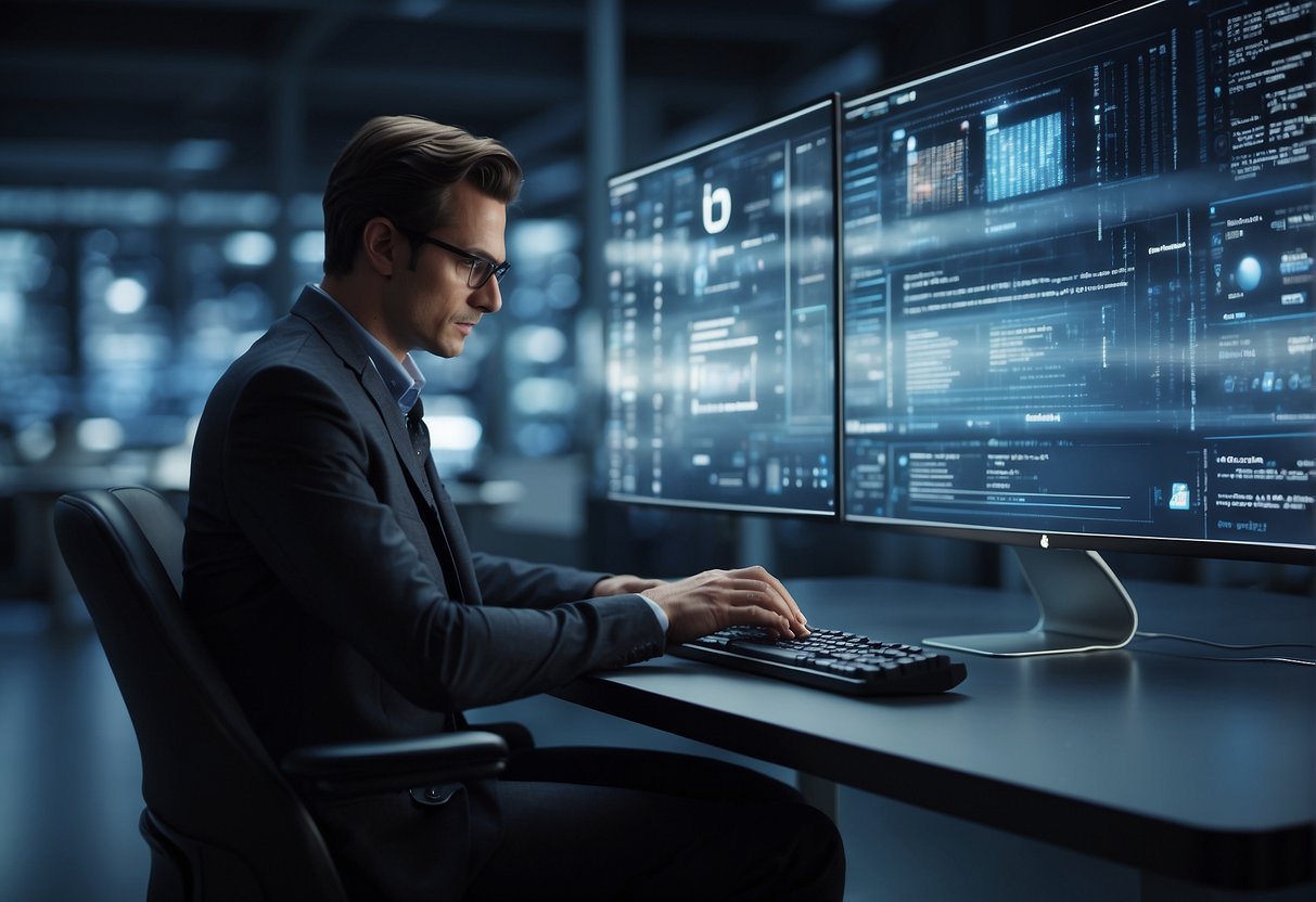 A user interacts with an AI search engine, typing a query and receiving relevant results displayed on a digital screen