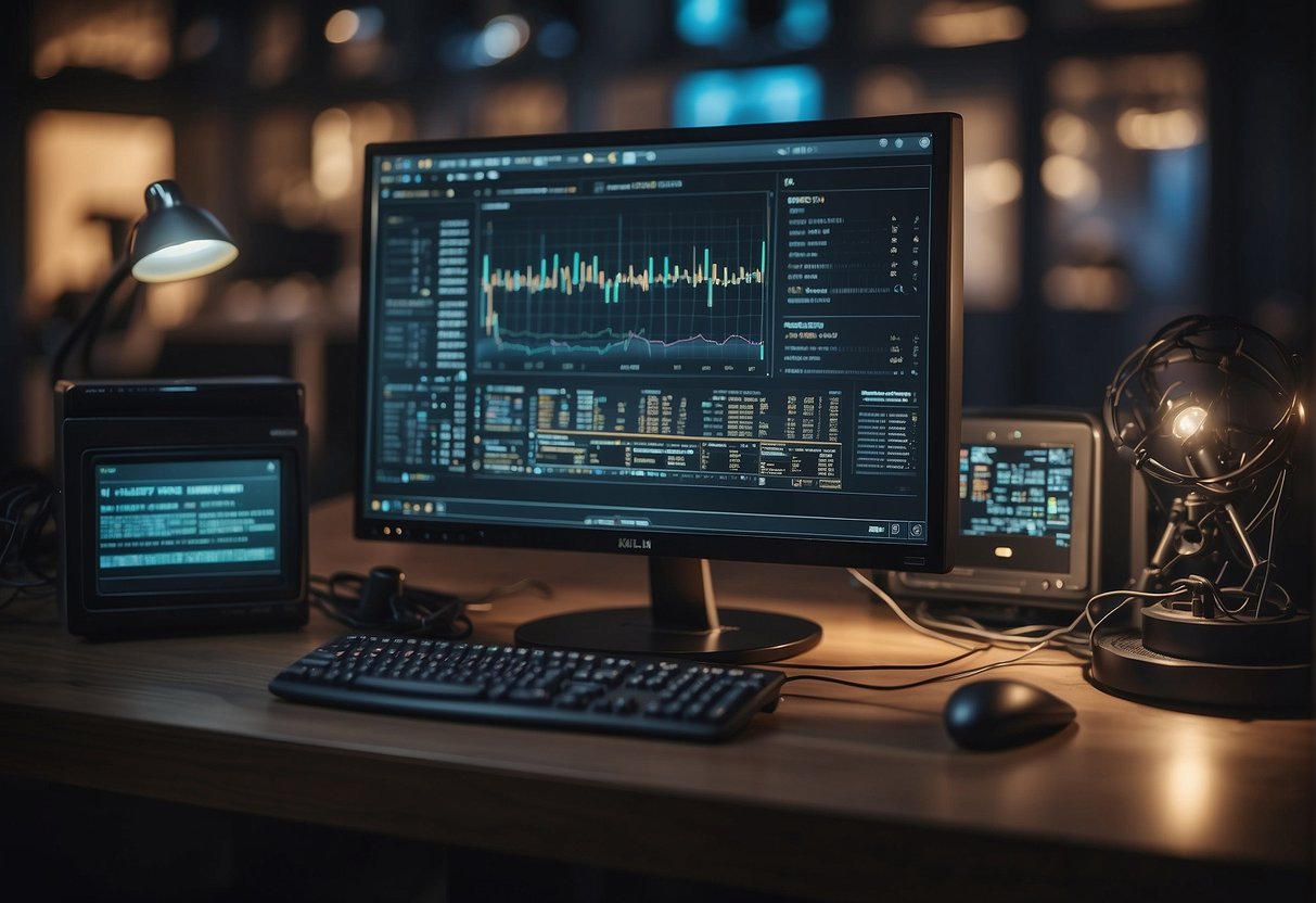 A computer monitor displaying search results, surrounded by cables and hardware components