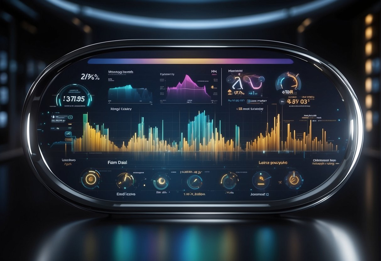 A sleek, metallic search engine interface displays holographic data and charts, surrounded by glowing, futuristic technology