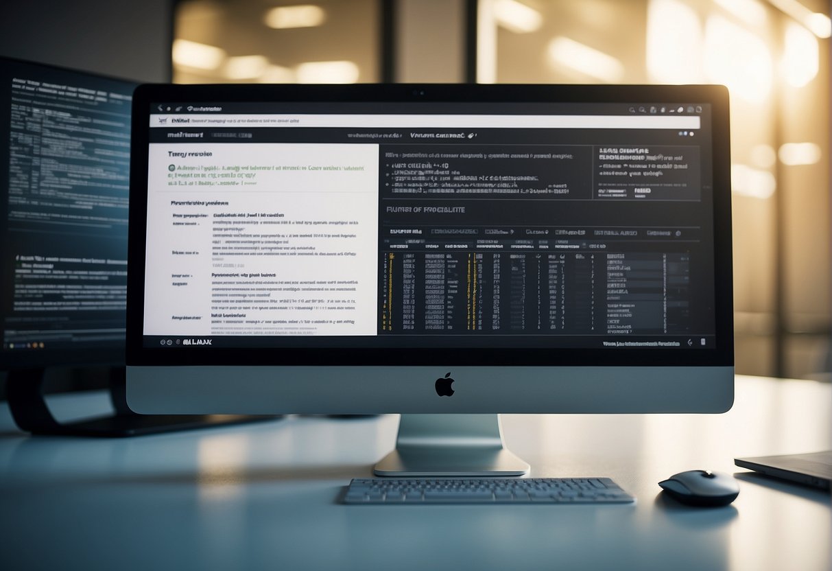 A computer screen displays a search engine interface with legal and ethical standards. The screen is surrounded by a clean and modern office environment