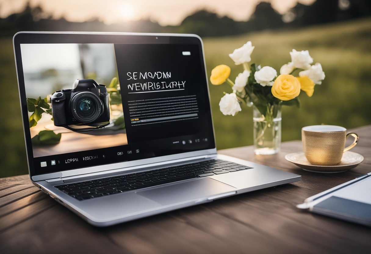 A laptop with a wedding photography website open, with highlighted SEO keywords and a camera nearby