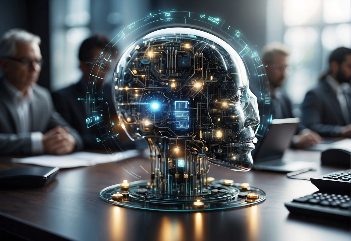 A group of diverse AI icons brainstorming, surrounded by digital circuits and data streams