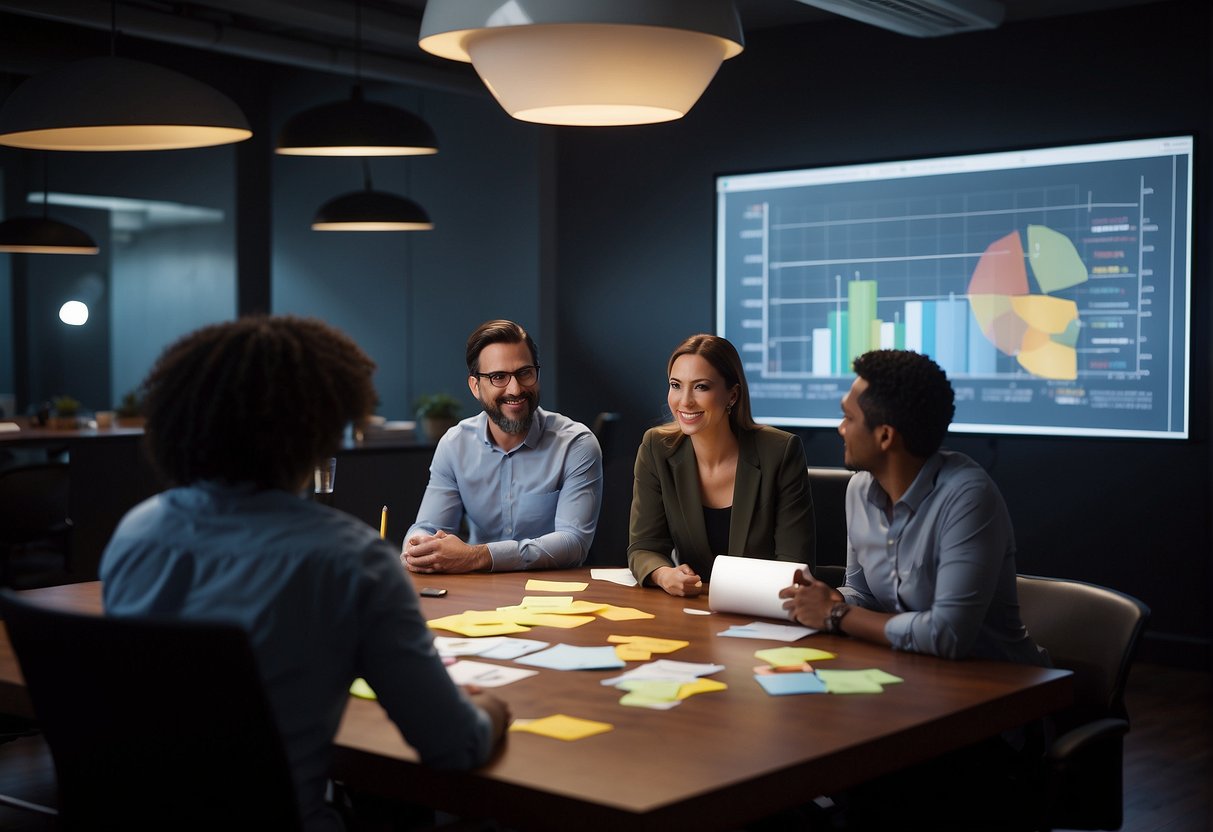 A group of diverse professionals sit around a table, engaged in animated discussion while surrounded by charts, graphs, and sticky notes. The atmosphere is dynamic and collaborative, with an emphasis on creativity and problem-solving