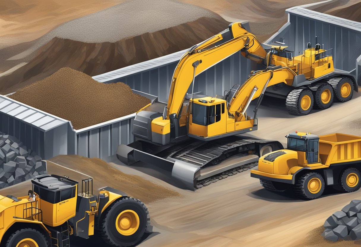 New mining centers emerge in North America, boosting market position. Excavators, trucks, and conveyor belts operate in a bustling industrial landscape