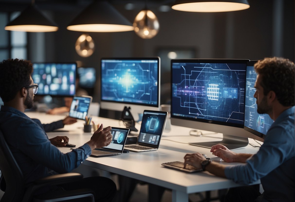 A group of diverse AI devices brainstorming and generating ideas for product development in a modern, collaborative workspace