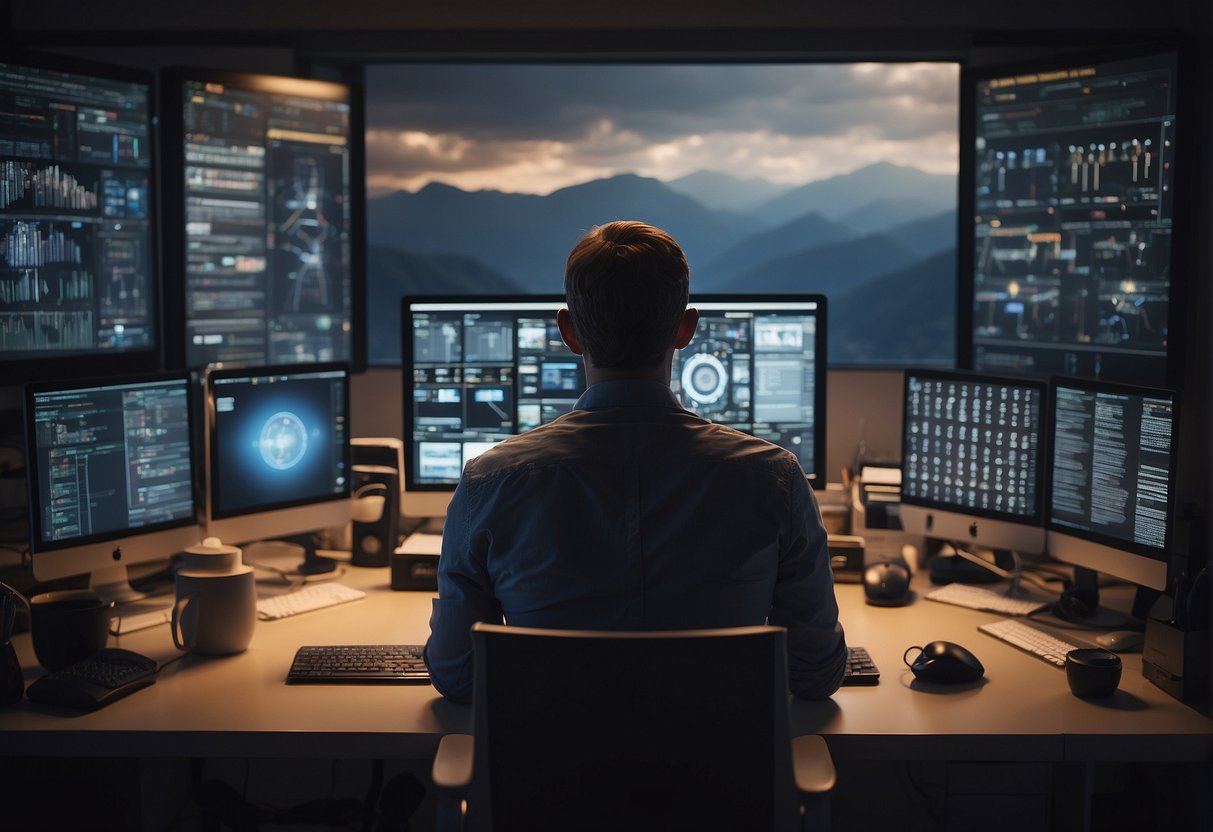 A person sits at a desk, surrounded by AI brainstorming tools on a computer screen. The person is engaged in deep thought, with various ideas and concepts displayed on the screen