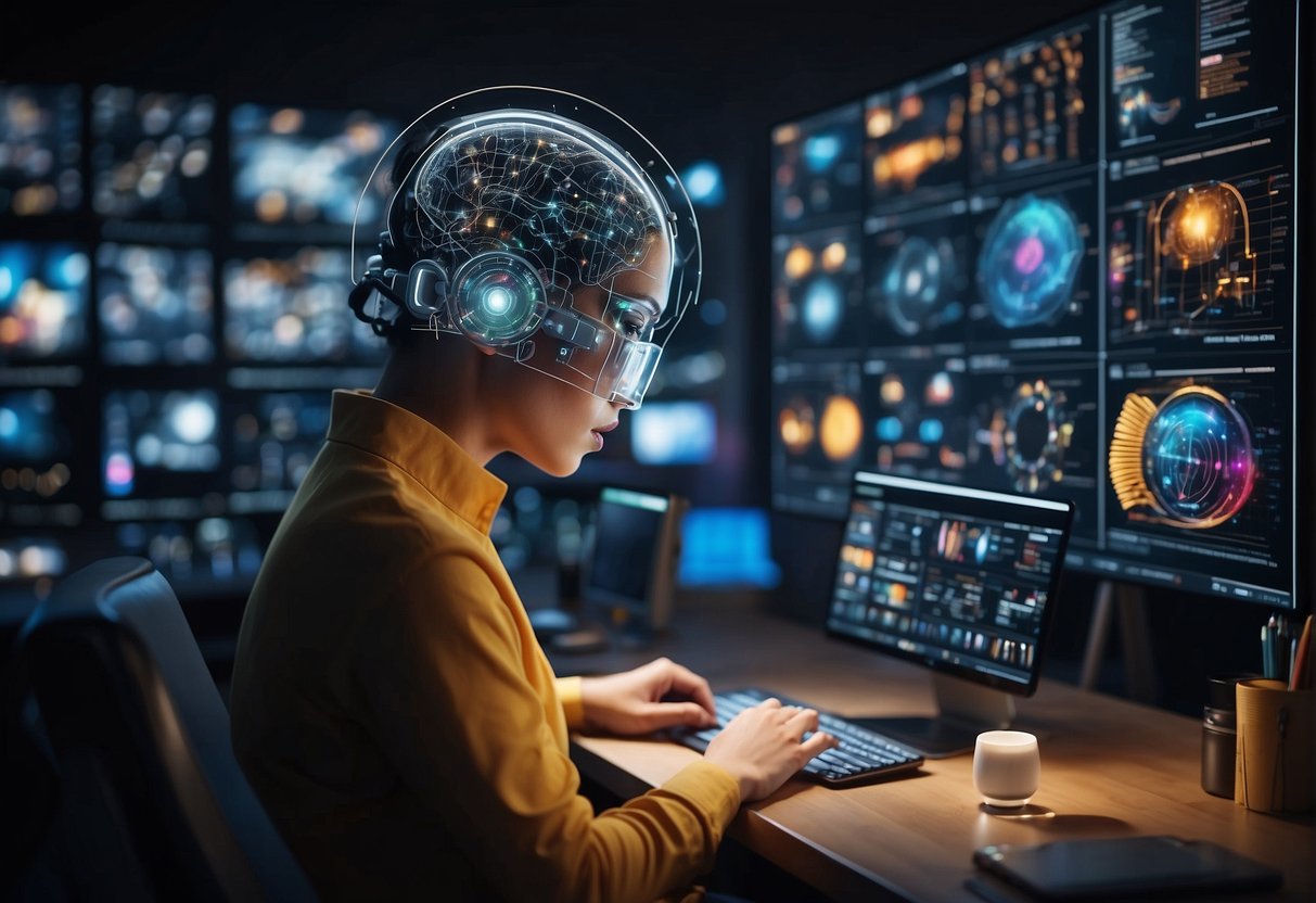 An AI generates ideas while surrounded by digital devices and colorful visualizations