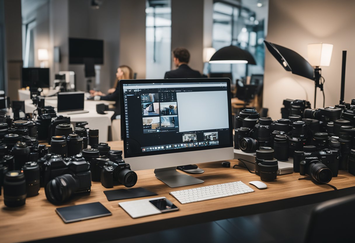 A wedding photographer researching SEO, surrounded by cameras, computers, and wedding albums