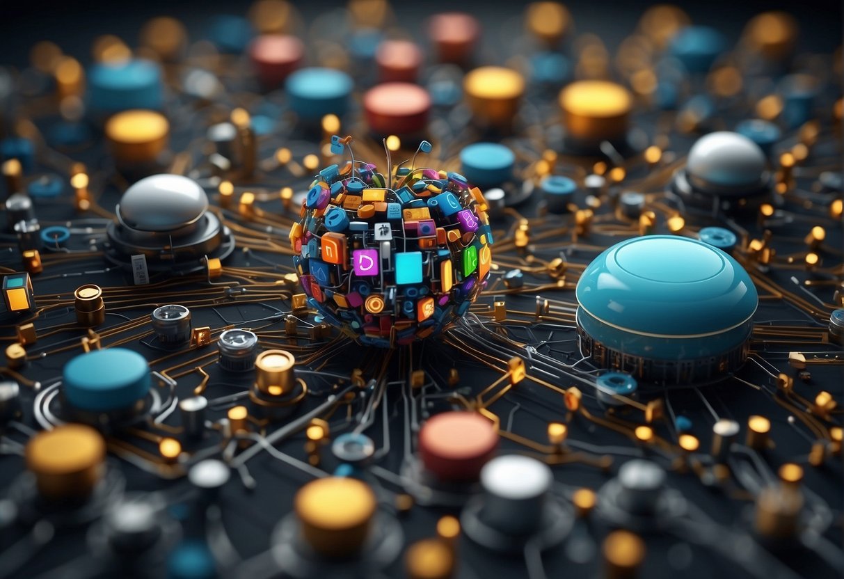 Various tech logos (Google, Apple, etc.) connect through lines, symbolizing integration. AI brainstorming words float above, surrounded by digital icons