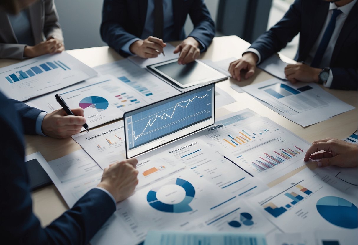 A group of AI algorithms brainstorming, surrounded by charts and graphs, while optimizing decision-making and strategy