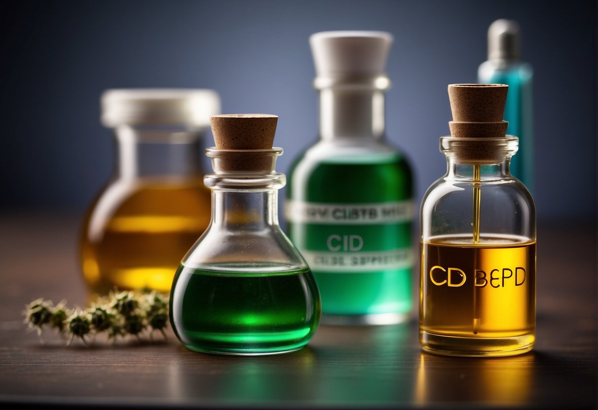 A clear vial labeled "CBD Isolate" sits next to a vial labeled "Broad-Spectrum CBD." A scientific scale and dropper are nearby