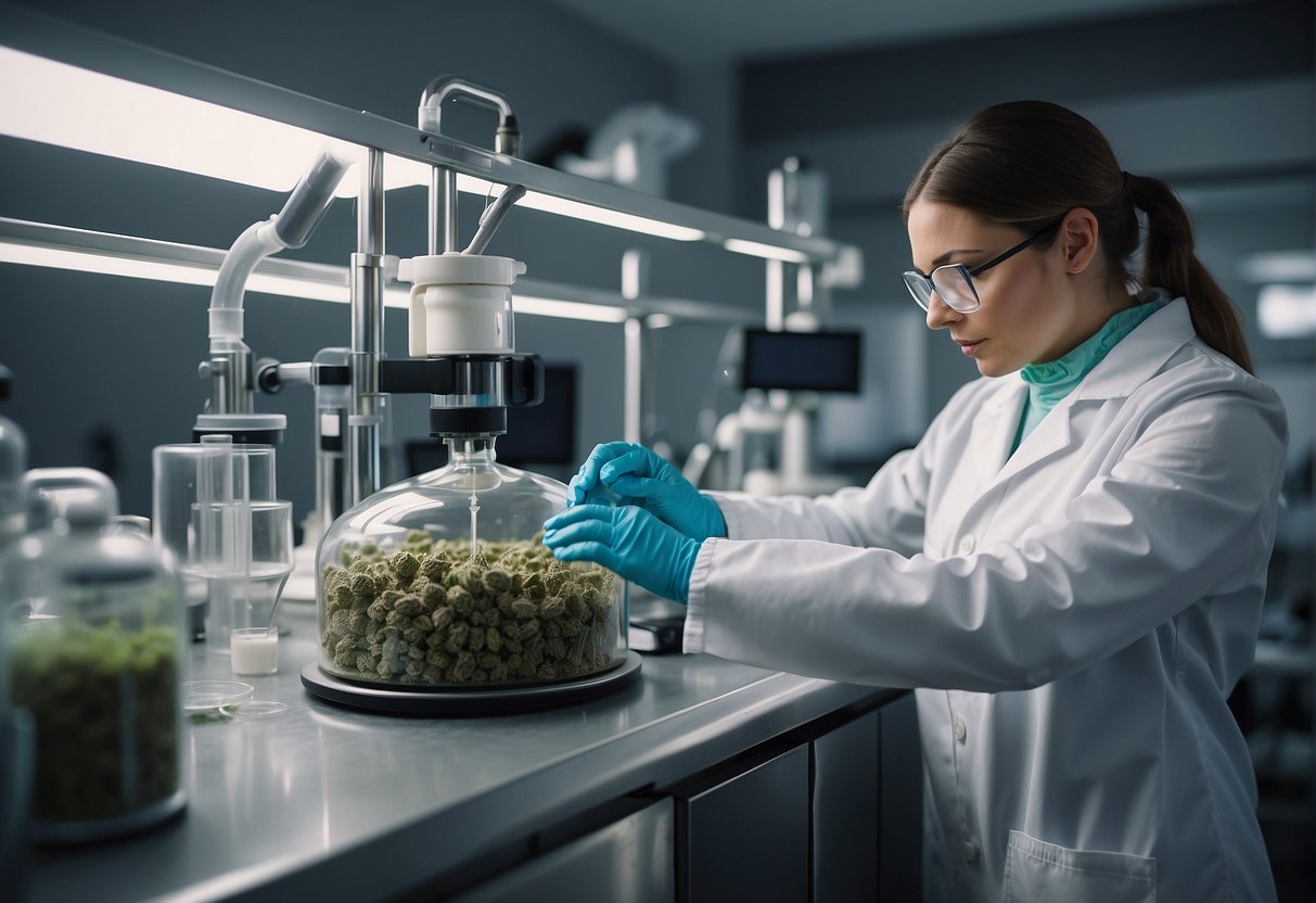 A lab technician extracts CBD isolate from hemp using advanced equipment, ensuring purity. Nearby, another technician processes broad spectrum CBD