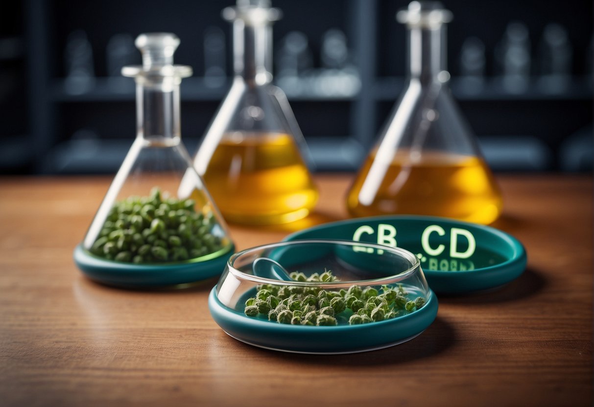 A lab table with two beakers, one labeled "CBD isolate" and the other "broad spectrum CBD." A magnifying glass hovers over each, showing the molecular structure