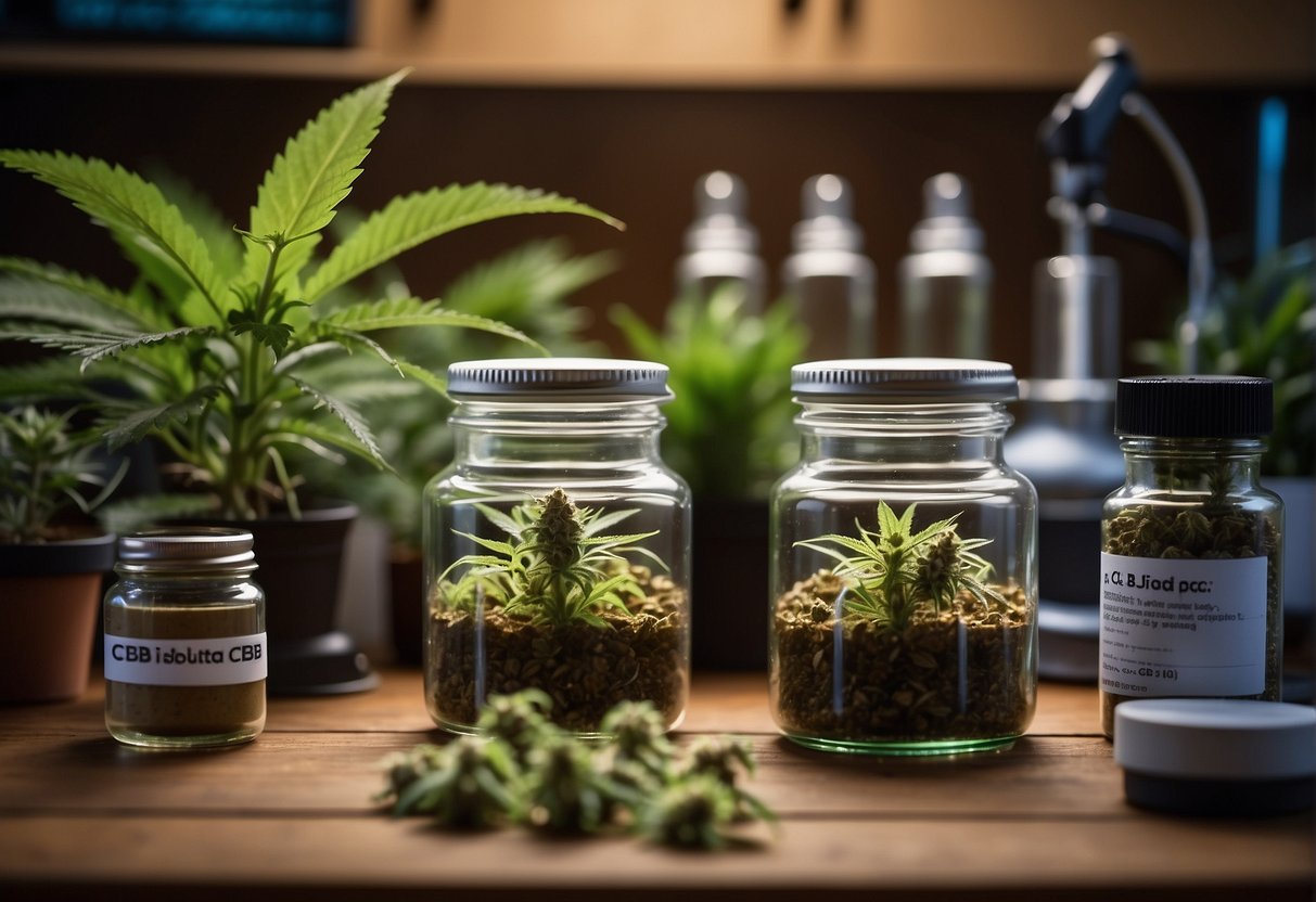 A table with two jars labeled "CBD Isolate" and "Broad-Spectrum CBD" surrounded by various cannabis plants and scientific equipment