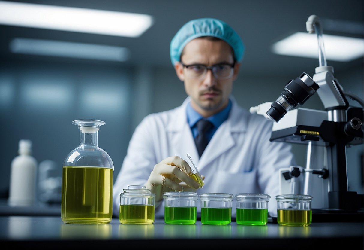 A lab technician inspects CBD isolate and broad spectrum CBD for purity and safety, using equipment and following strict protocols