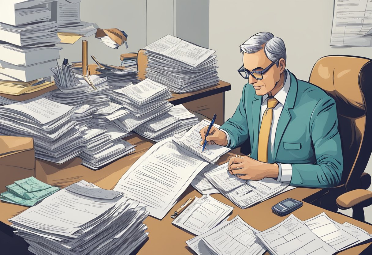 A sole proprietor sitting at a desk, surrounded by receipts and documents, calculating and writing down expenses related to his life insurance policy to reduce his tax burden