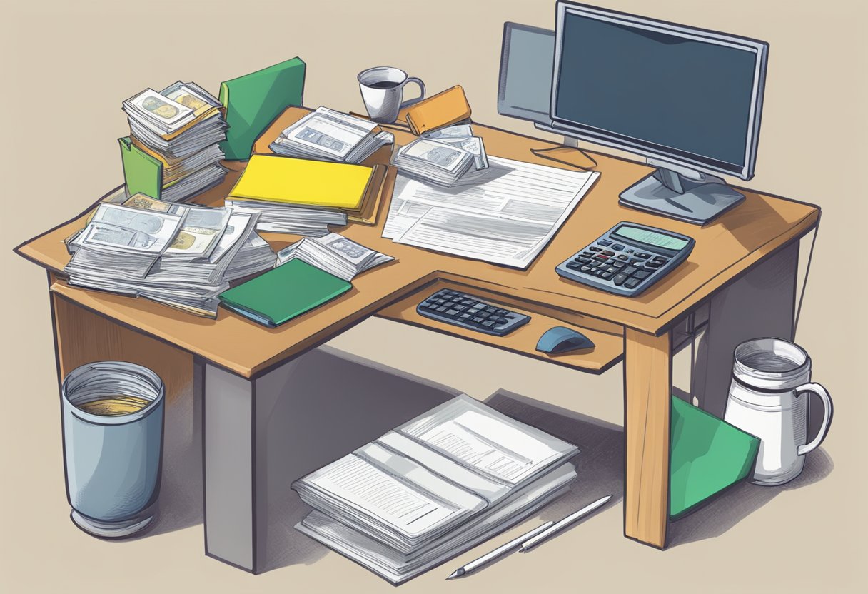 A desk with a computer, calculator, and paperwork. A stack of bills labeled "Housing Loan 6 expenses." An open tax guide book