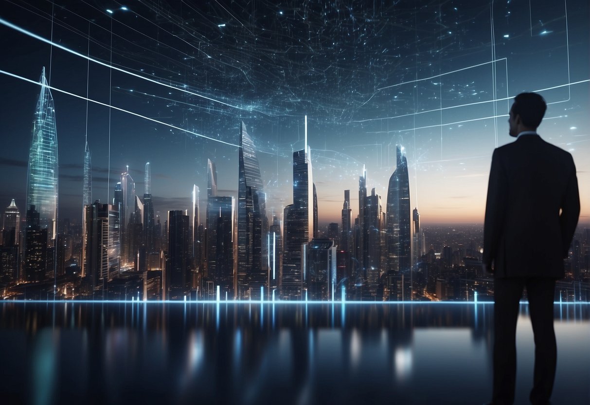 A futuristic city skyline with holographic projections and data streams, showcasing AI trend forecasting
