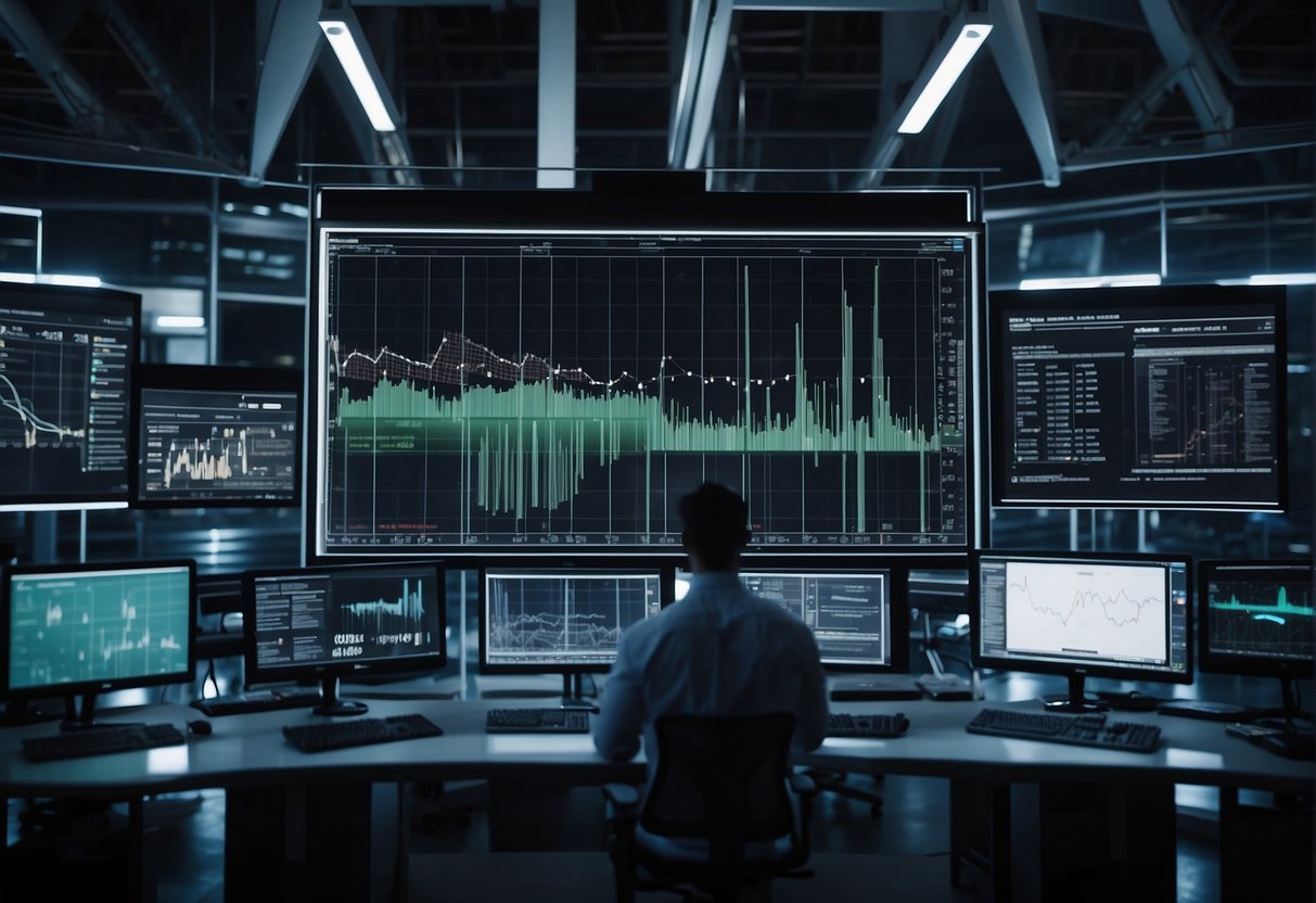 AI algorithms analyze industry data, predicting future trends. Charts and graphs display forecasts, while robotic arms and automation equipment symbolize AI's impact on various industries