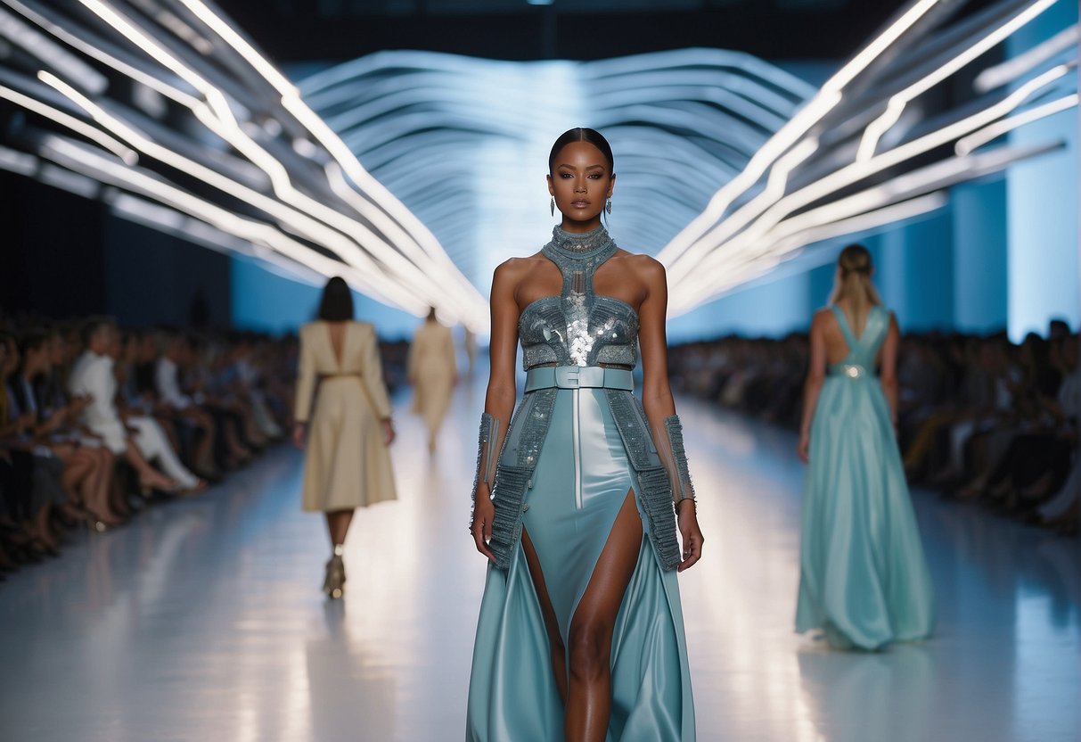 A futuristic runway show with AI analyzing fashion trends and creating designs