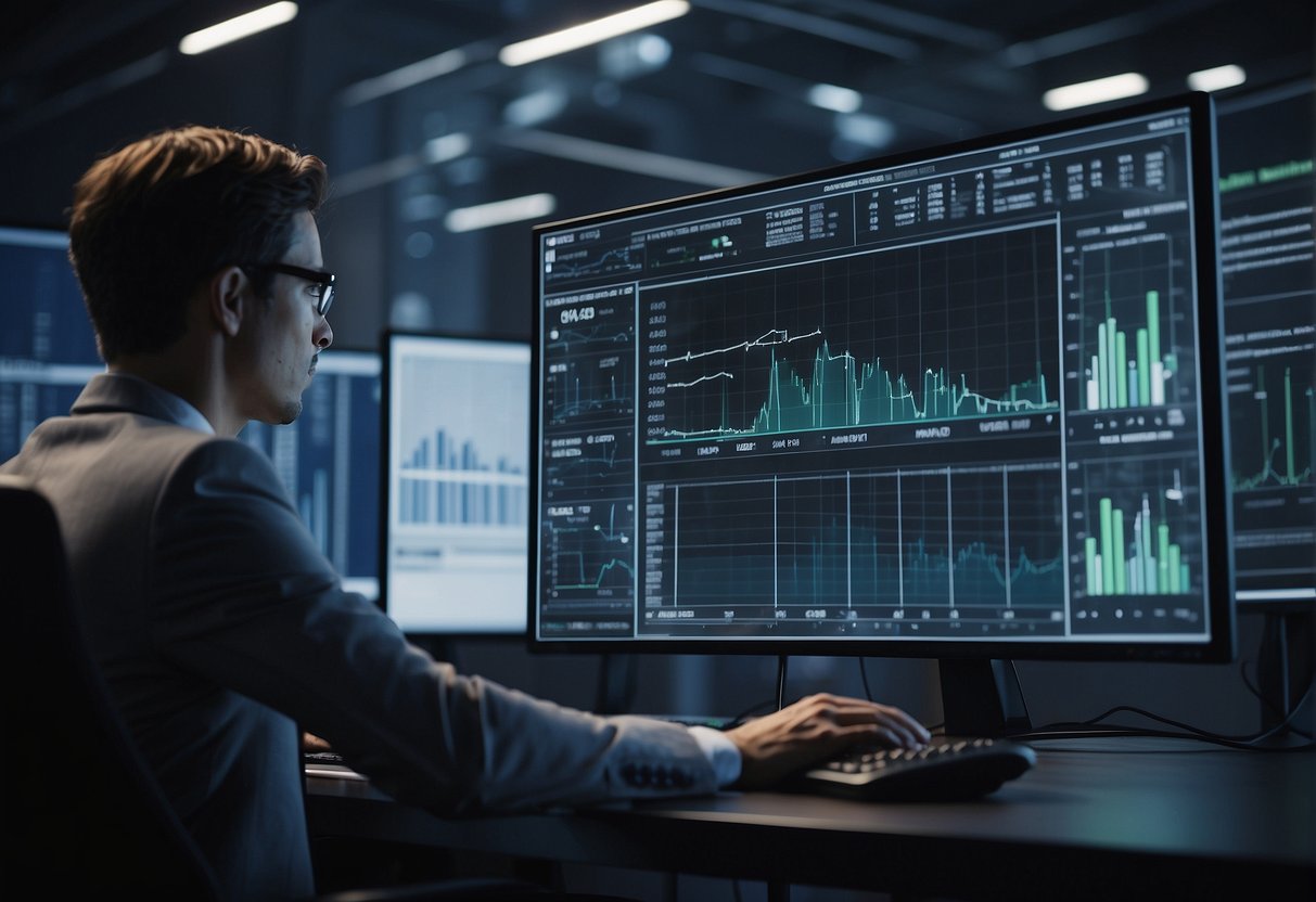 An AI algorithm analyzes data on a computer screen, while charts and graphs display trend forecasting results