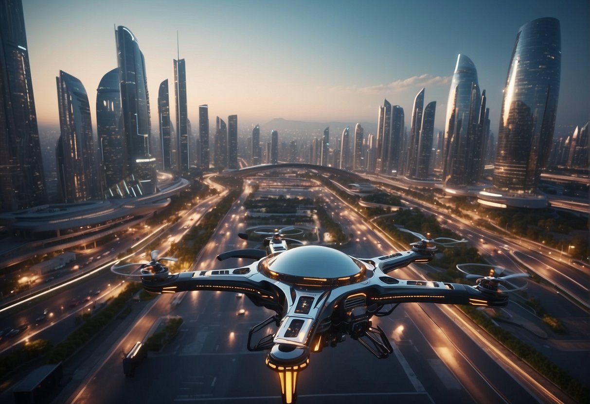 A futuristic city skyline with AI-powered drones and robots working together to build and innovate