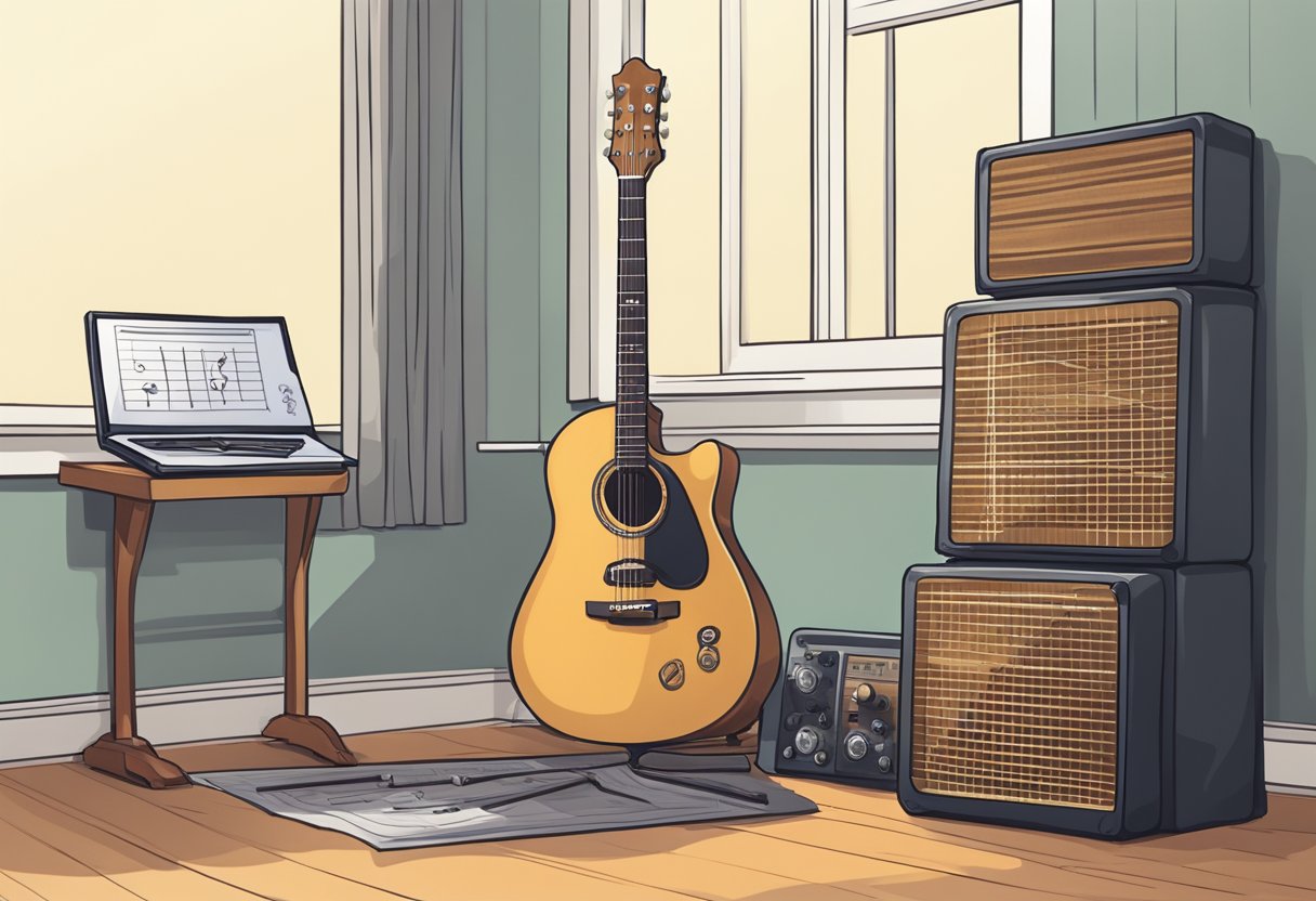 A guitar resting on a stand, surrounded by a metronome, tuner, and notebook with a practice schedule. A chair nearby for the guitarist to sit and practice